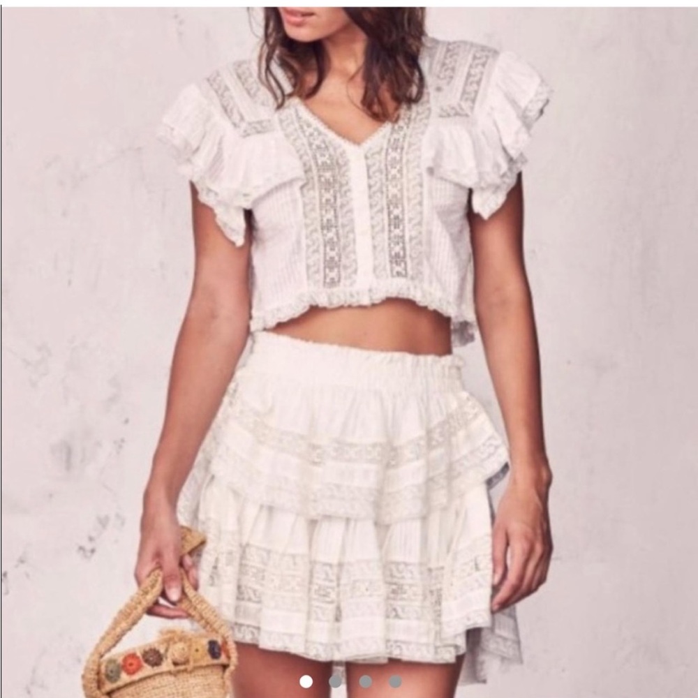LoveShackFancy White Lace Tiered Mini Skirt